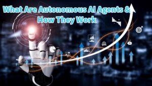 Autonomous AI agent system analyzing data and making independent decisions on a digital interface dashboard