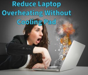 Laptop placed on a flat desk with rear elevated for better airflow to reduce laptop overheating without cooling pad